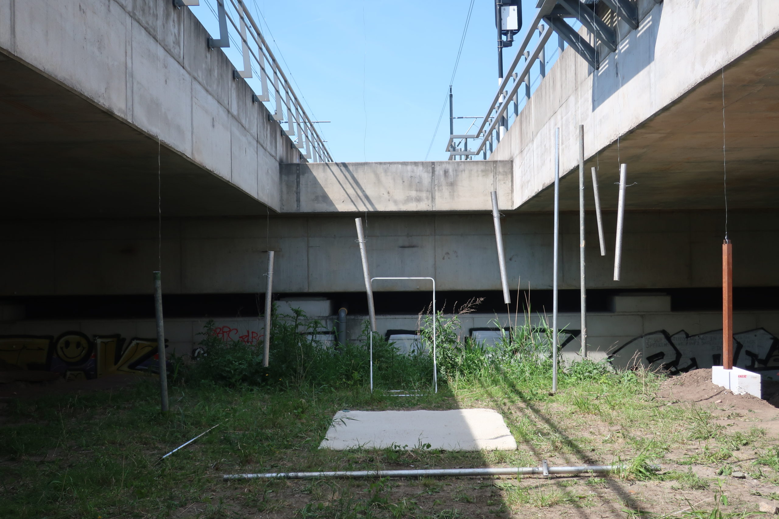 Site-specific performance ft. locomotives under train bridge Site-specific performance ft. locomotives under train bridge